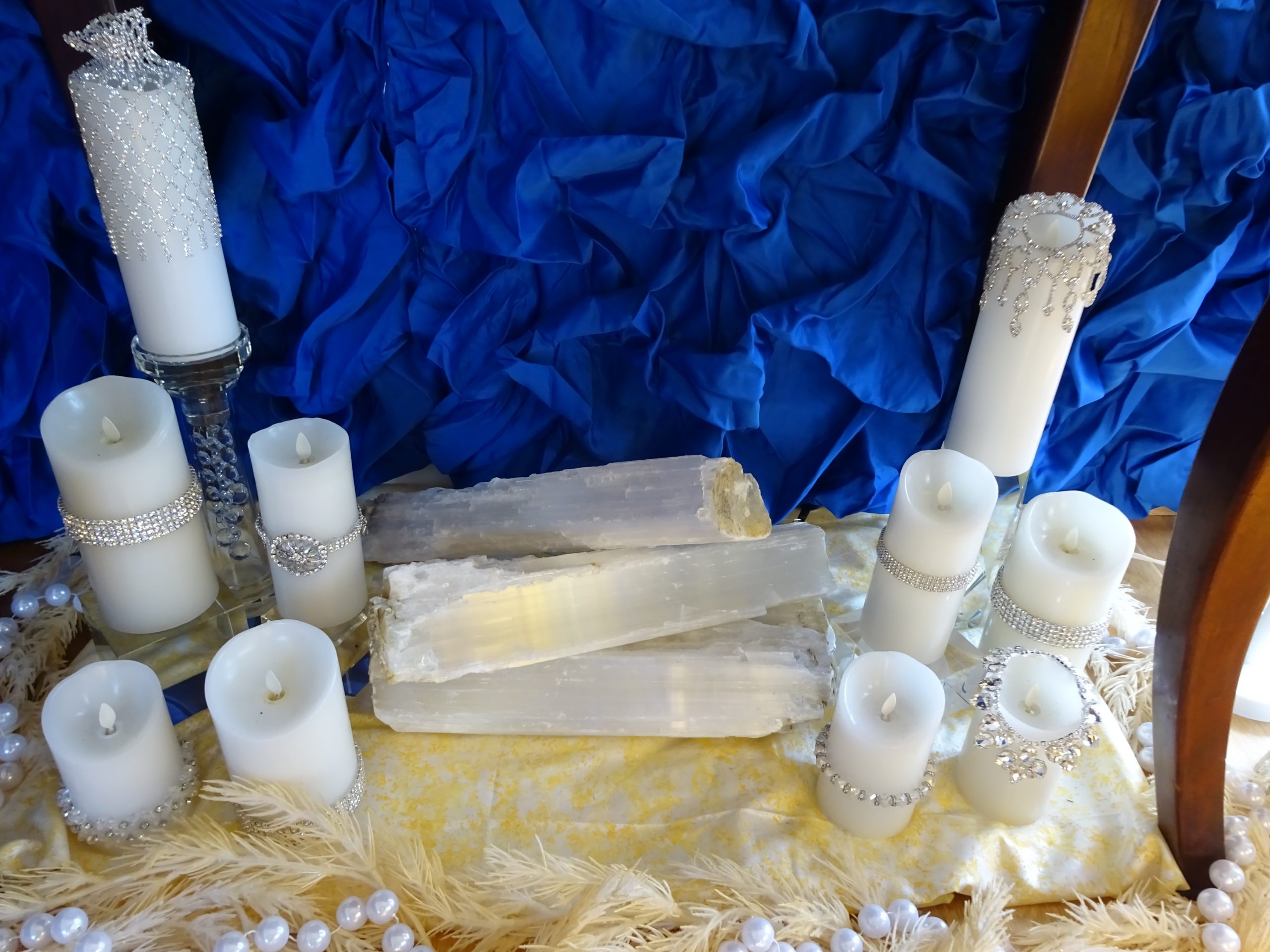 mock fireplace with jewels and candles